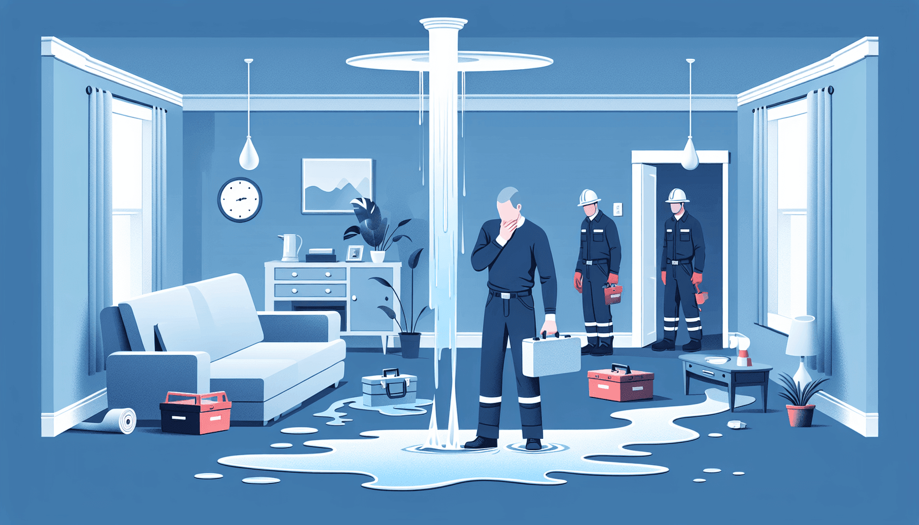 Homeowner assessing water damage after pipe burst