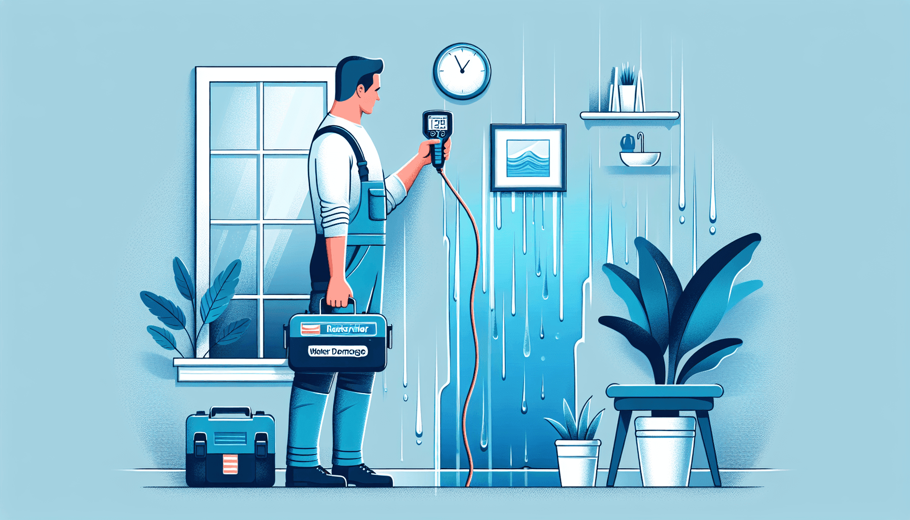Technician using moisture mapping tool on wet wall