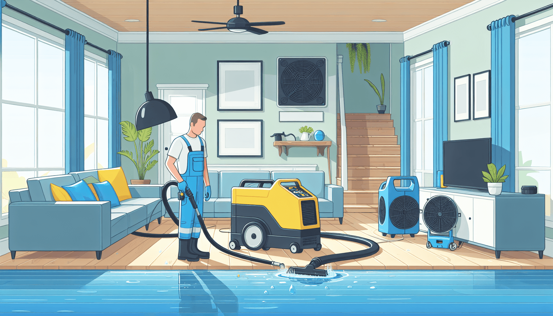 Technician using water extraction equipment on wet carpet
